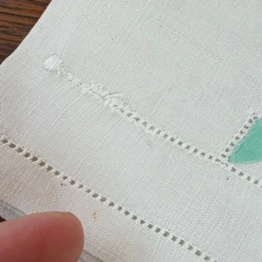 Vintage Linen Napkin Handkerchief Set 7pc Green Hemstitch Yellow Floral Applique